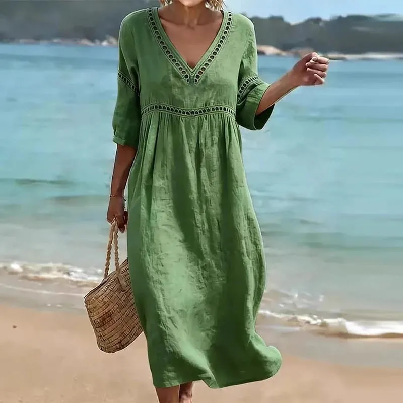 Summer V Neck Half Sleeve Loose Beach Holiday Dress Women Casual Hollow Out Design Solid Color A-line Midi Dress Boho — image 3