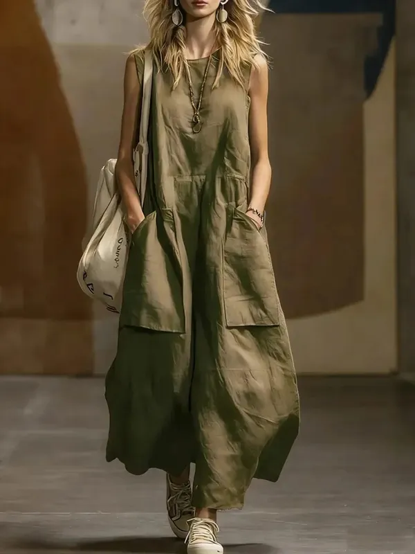 2026 Summer Loose And Simple Sleeveless Cotton And Linen Women's Dress New Fashion Casual Pocket Female Holiday Long Dresses — image 9