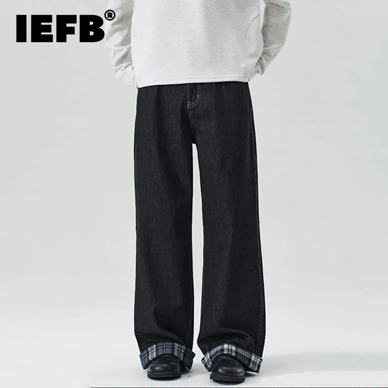 Men's Denim Black Jeans 2026 New American Style Trendy Plaid Bottoms Patchwork Raw Long Pants Loose Straight Trousers X2560 — image 2