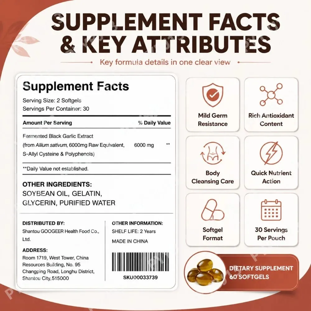 Googeer fermenterade svart vitlöksextrakt softgels med S-allylcystein och polyfenoler för dagligt välbefinnande 60 softgels — image 3