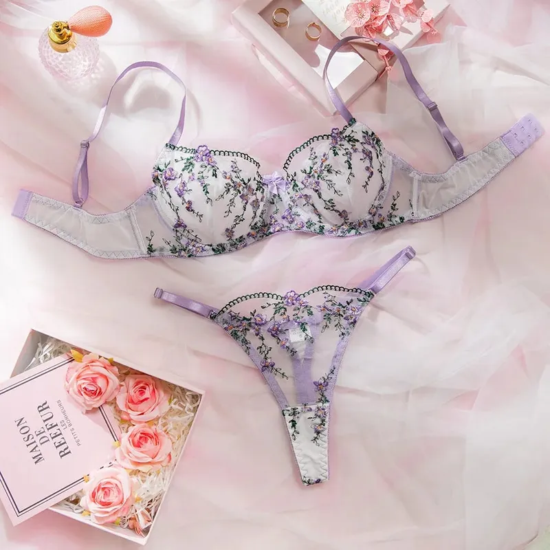 2025 Full Lace Embroidery Young Ladies Intimates Ultra Manipis Transparent Push Up Floral Lingerie Para sa Babae Sexy Bra at Panty Set — image 2