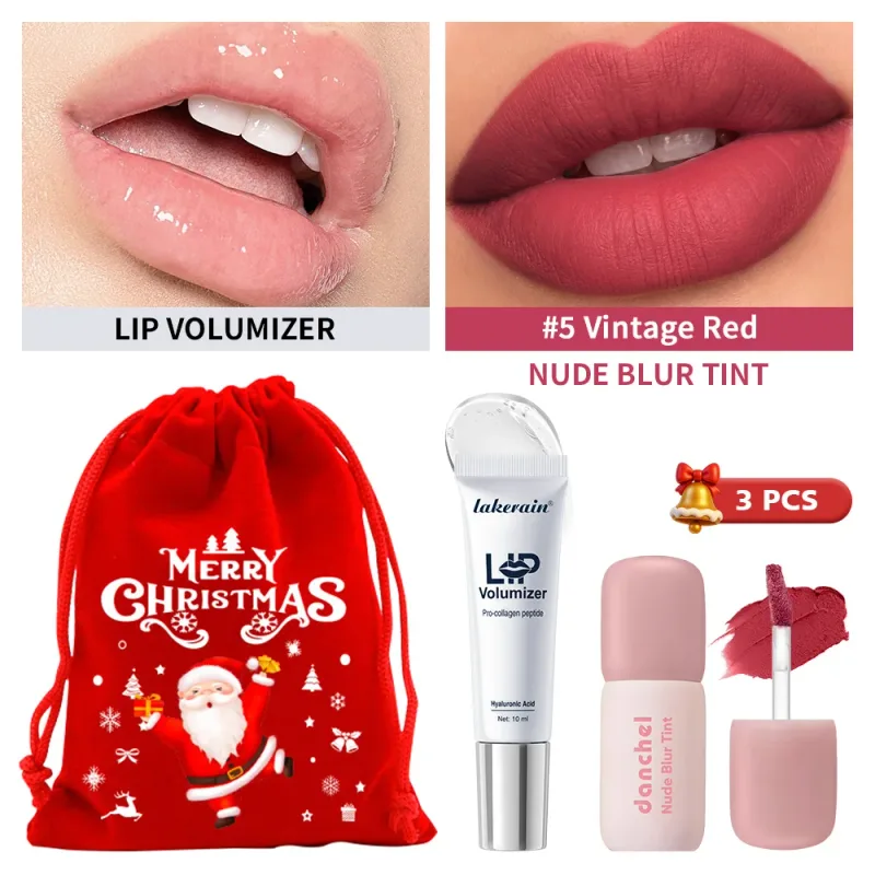3 Pcs Christmas Lip Set Lip Volumizer Serum & Nude Blur Lip Tint Moisturizing Plumping Long Lasting Matte Lip Makeup Holiday Kit — image 10