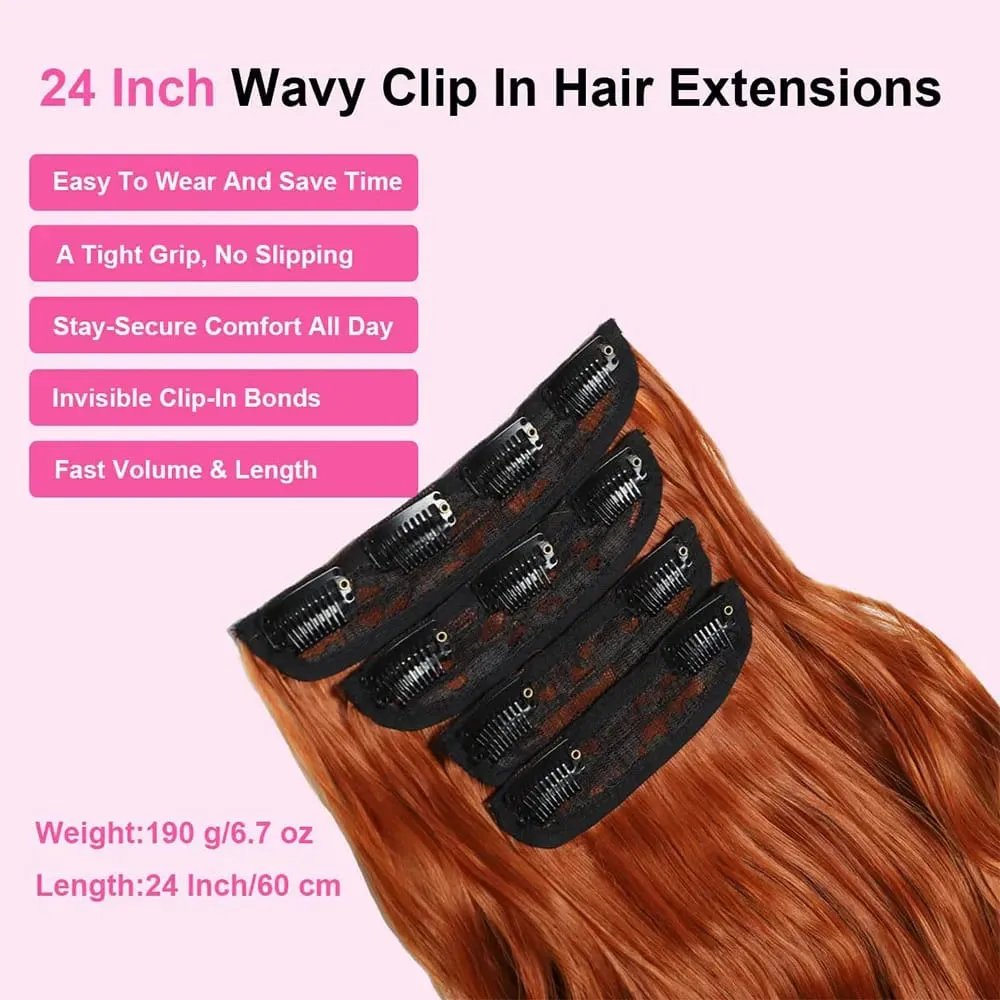 Copper Red Long Wavy Clip in Hair Extensions 20 Inch 4Pcs Double Weft Synthetic Hairpieces Full Head for Women Party Cosplay — image 6