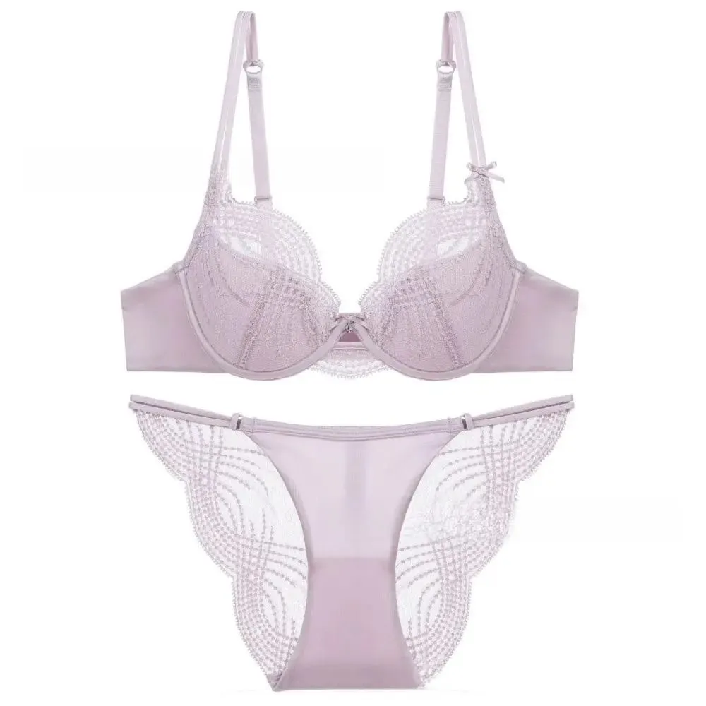 Hollow Thin Cup Women Lingerie Set Seamless French Style Lace Embroidery Lingerie Silk Satin Push Up Bra Set Women Intimates