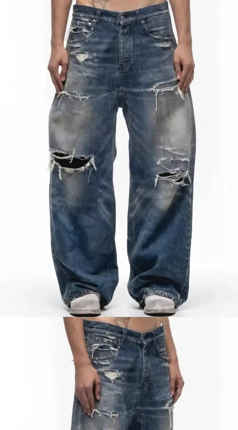 Unisex Jeans 2026 Spring Autumn Men's American Hollow Out Washed Retro Jeans Loose Wide Leg Straight Pants Hole Ripped Trousers