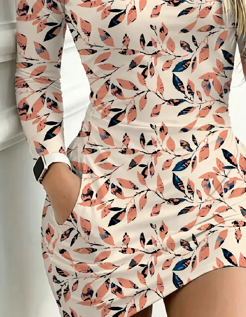 Autumn women's casual round neck leaf print waist cinched long sleeved pocket dress mini skirt length