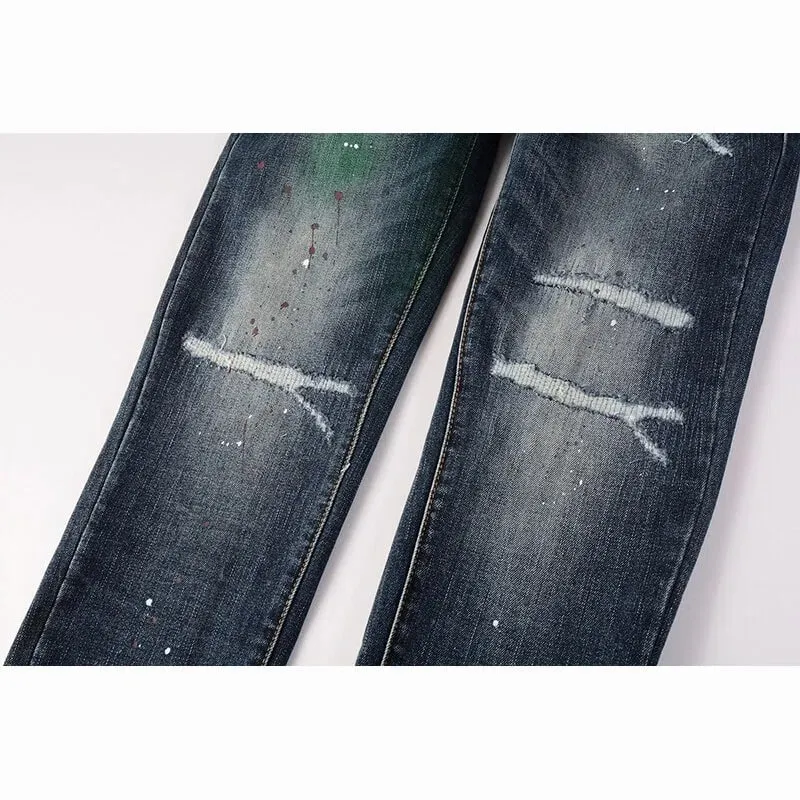 Men's Slim Taper Vintage Distressed Ripped Jeans Blue Gradient Green Red Paint Splatter Button Fly High Street Fashion Denim Pan — image 5