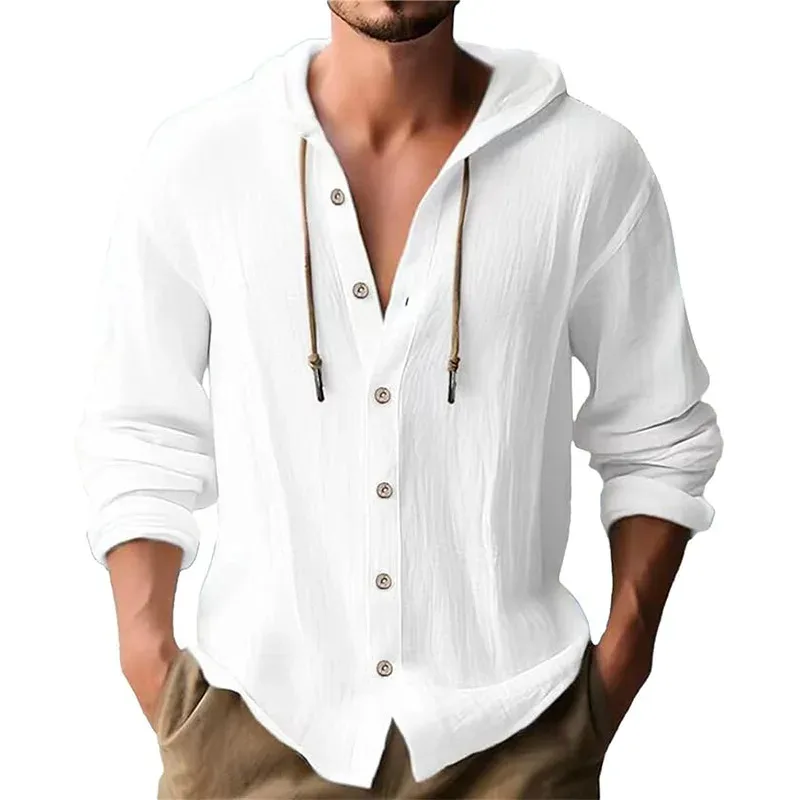 Solid Color Casual Shirt ng Lalaki na Naka-hood na Drawstring na Cotton at Linen na Cardigan Trendy at Versatile Loose Beach T-Shirt — image 4