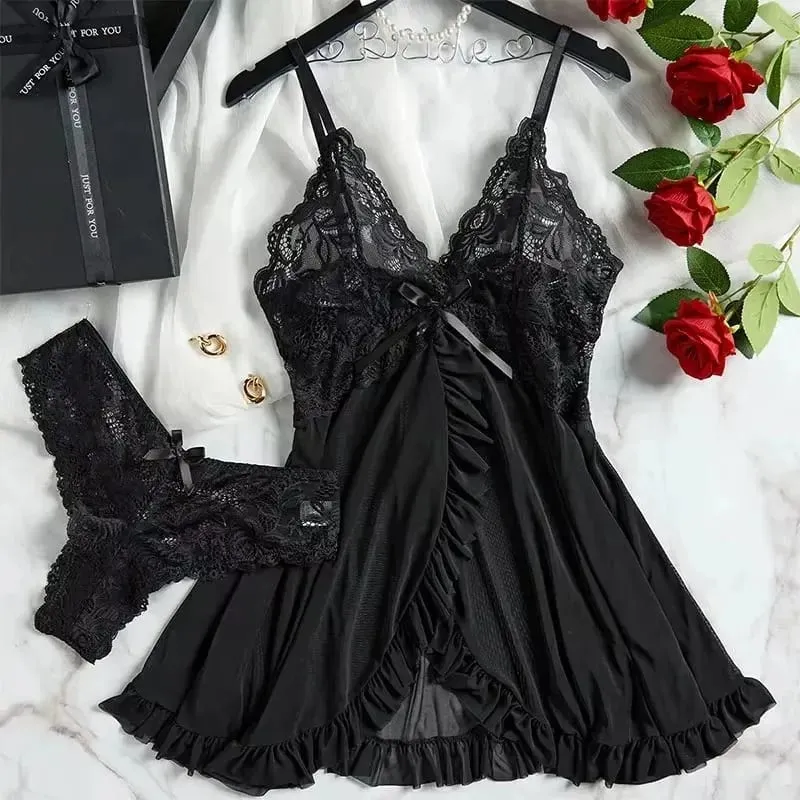 Tulle Suspenders Exquisite Women's Lencerias Lace V-Neck Underwear Semi-transparent Thong Dress Set Females Lingerie Nightgowns — image 4