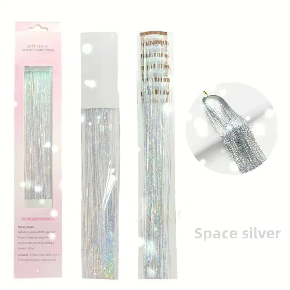 6Pcs Hair Tinsel Clip in Hair Extensions 20 Inch Synthetic Colorful Shiny Sparkle Glitter Tinsel Hair for Women Girls Cosplay — image 9