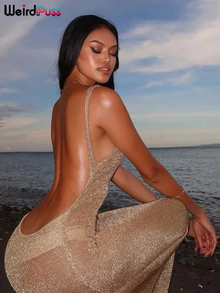 Estranho puss ver através do vestido feminino 2024 verão fino sem mangas glitter splits coquette sem costas clubwear praia sexy vestidos — image 5