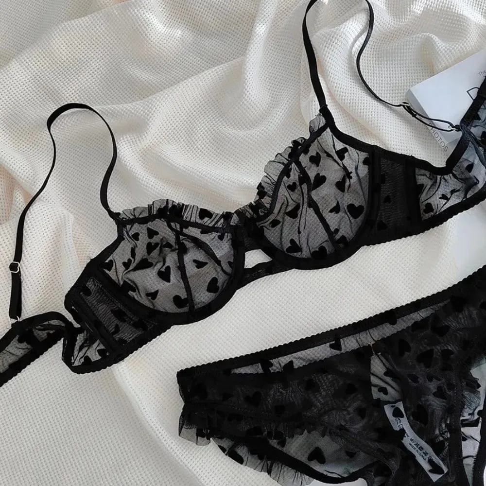 Women Heart Pattern Lace Underwire Bra Set Light Mesh Support Daily Intimates Lingerie Underwear Size 32‑38AB Women — image 3