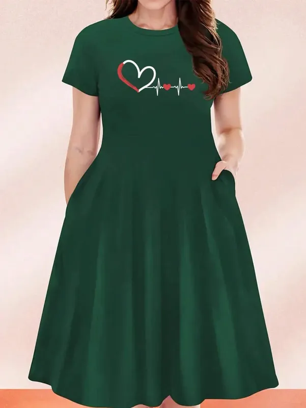 2026 Women's Four Seasons Love at First Sight Heartbeat Printed Casual Loose Black Short Sleeved Large Short Skirt Dress — image 4
