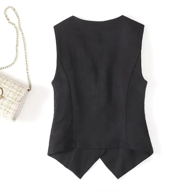 Summer solid color linen vest thin women's vest slim fit short sleeveless suit V-neck shoulder vest — image 6