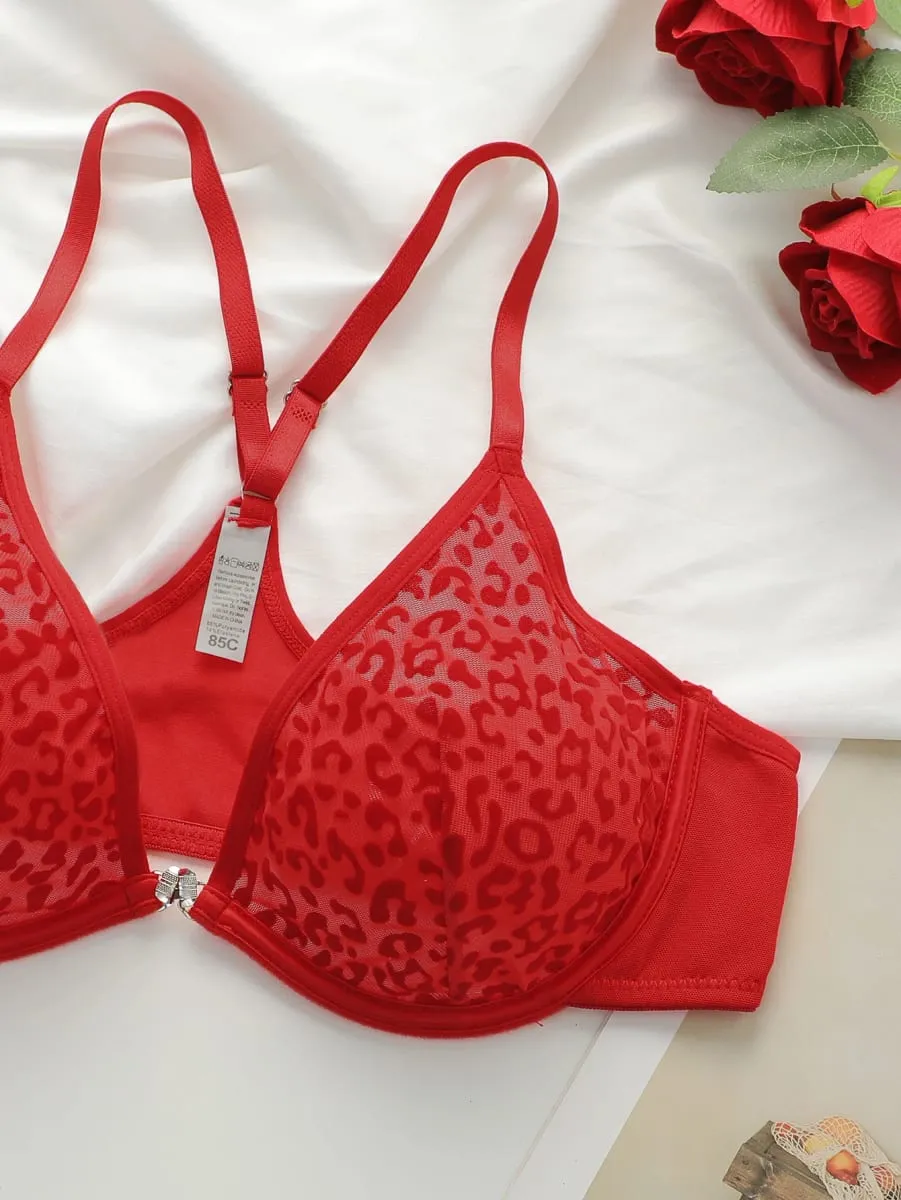 Women's sexy front buckle leopard print lingerie set with steel ring gathering push up comfortable close fitting bra YS3047 — image 3