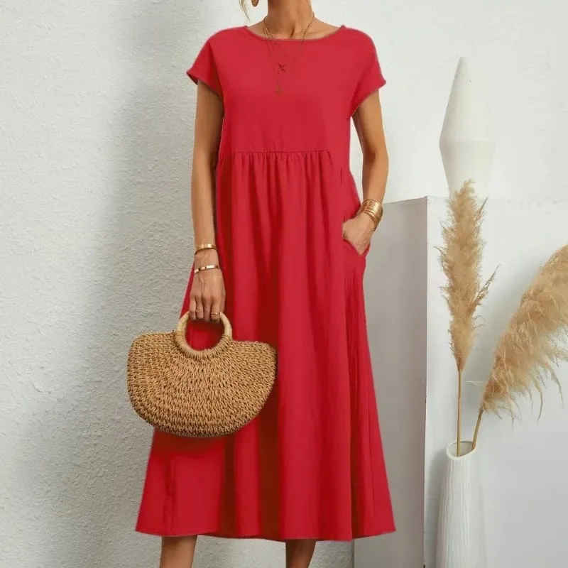 Premium Elegant Solid Cotton Linen Dress Summer Midi with Pockets Loose Fit Casual Crew Neck Short Sleeve for Beach Travel
