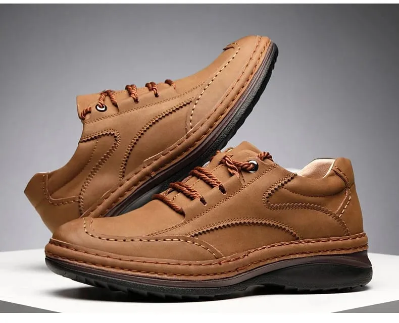 Men Handmade Stitching Cowhide Shoes Casual Lace Up Walking Footwear Comfort Non Slip Rubber Sole Breathable Outdoor Daily Shoes — image 9