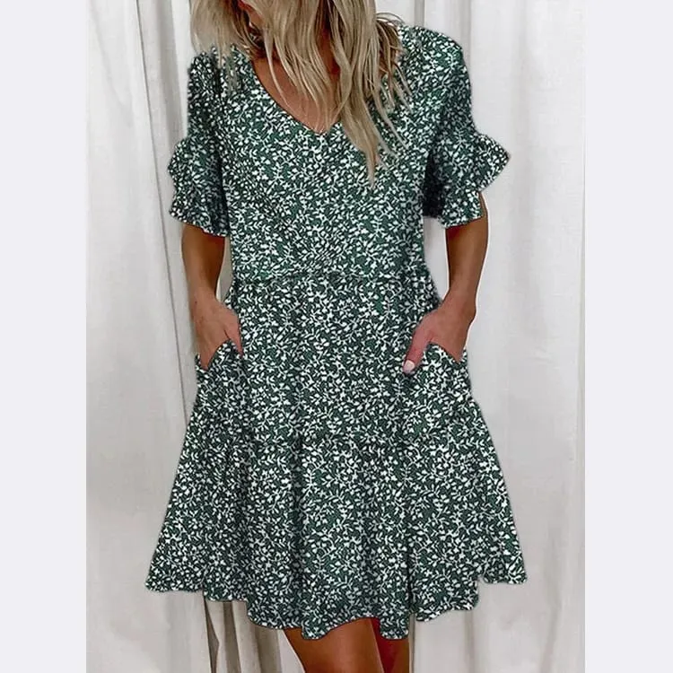 Vestido de verão feminino casual com decote em v manga curta manga borboleta floral folha carta impressão mini vestidos ysx9032 — image 4