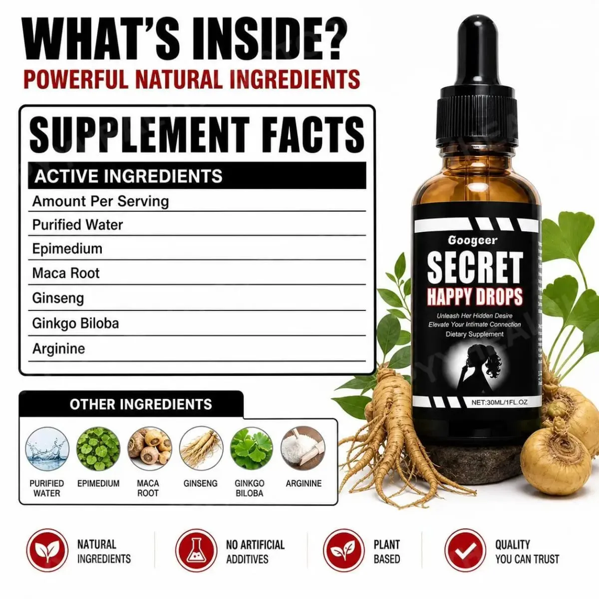 Googeer Secret Happy Drops Oral Drops Herbal Epimedium Maca Root Ginseng Ginkgo Biloba Support Blood Circulation Intimacy 30 ML — image 3