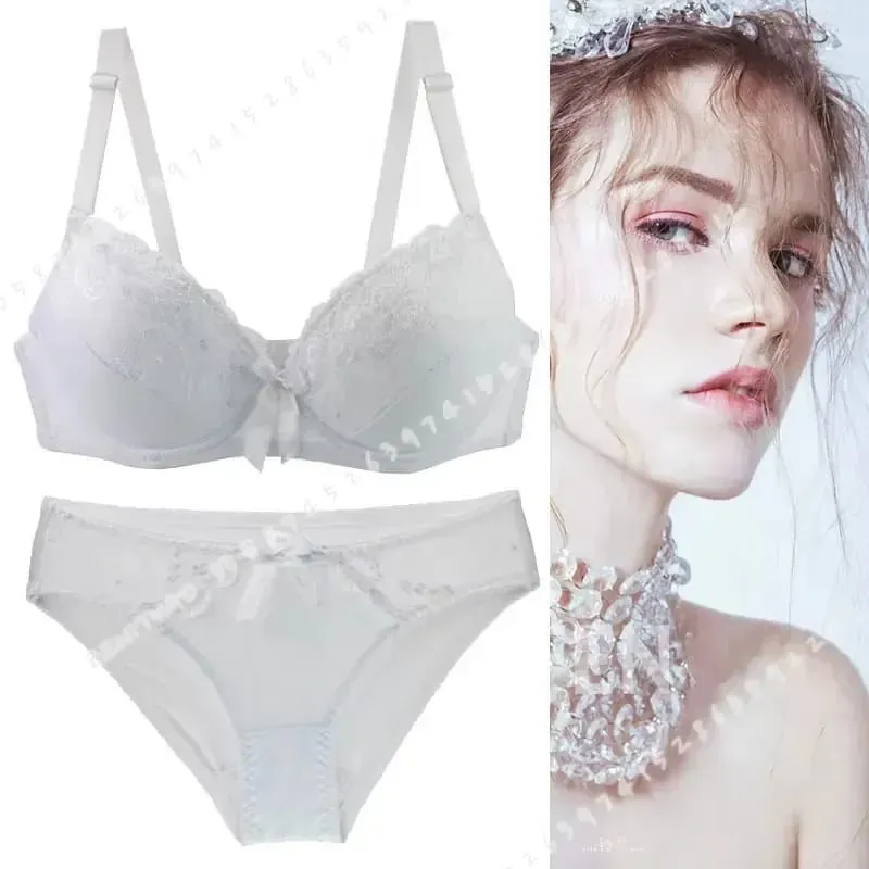 Women Push Up Bra Set Lace Thong Underwear Solid Bow Lingerie Plus Size 70-105 BCDE Cup Female Intimates — image 5