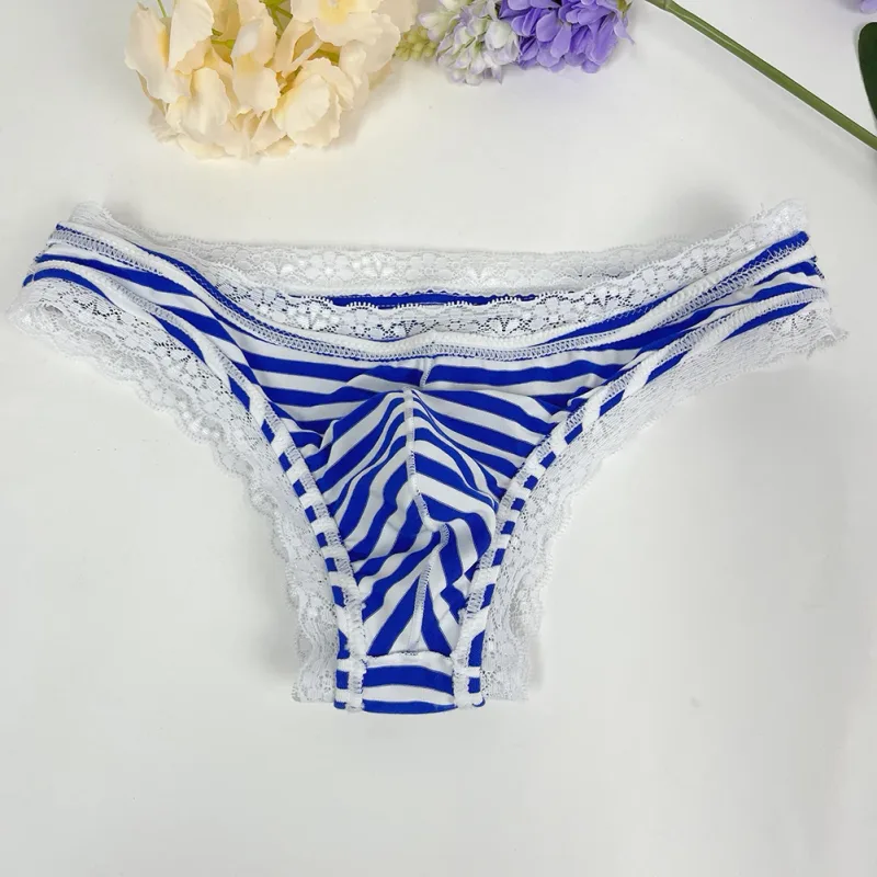 Men Lace Trim Striped G-string Underwear Half-covered Butt Low-rise Pantie Breathable Sexy U Bulge Pouch Comfortable Tong — image 11