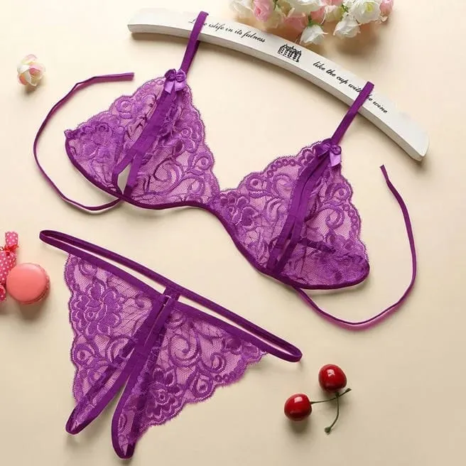 Novo azul contraste renda plissado guarnição lingerie conjunto profundo v vestido e tanga sexy roupa interior feminina sutiã oco calcinha estilingue — image 7