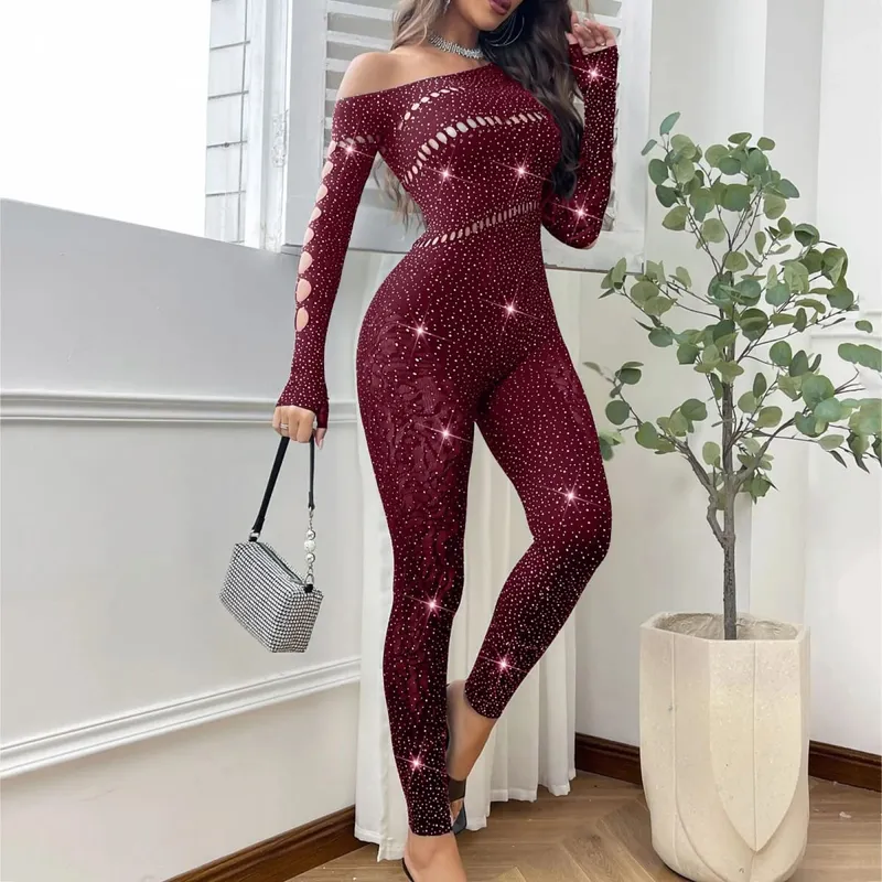 Women Sexy Mesh Rhinestone Jumpsuit Long Sleeve See Through High Stretch Body Stockings Jumpsuit Club Plus Size Stock Lingerie