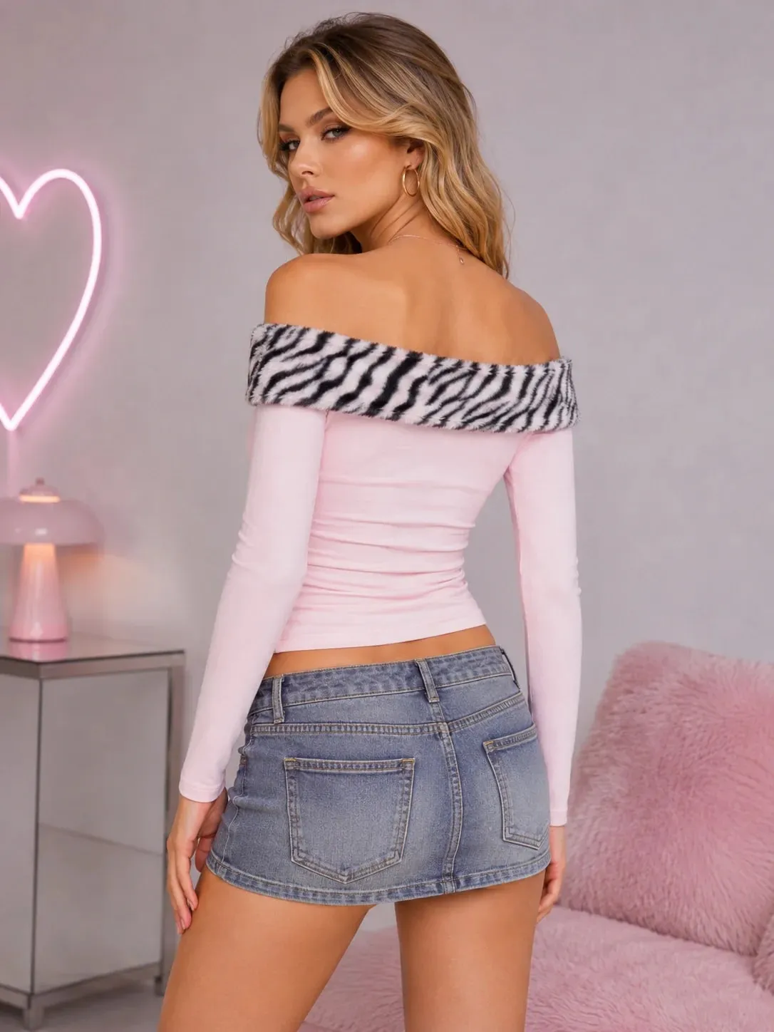 Women Y2K Tiger Print Faux Fur Trim Off Shoulder Top Rhinestone Burning Love Lettering Ruched Waist Fitted Bodycon Cropped Long Sleeve Bardot Tube Top Baddie Going Out Party Club,christmas valentine halloween cosplay costume plus size petit — image 2