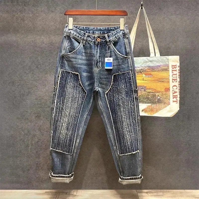 Original Luxury Brands Clothing Punk Handsome Design Trendy Brand Pants Men's Loose Straight Sticker Splicing Logging Work Jeans — image 7