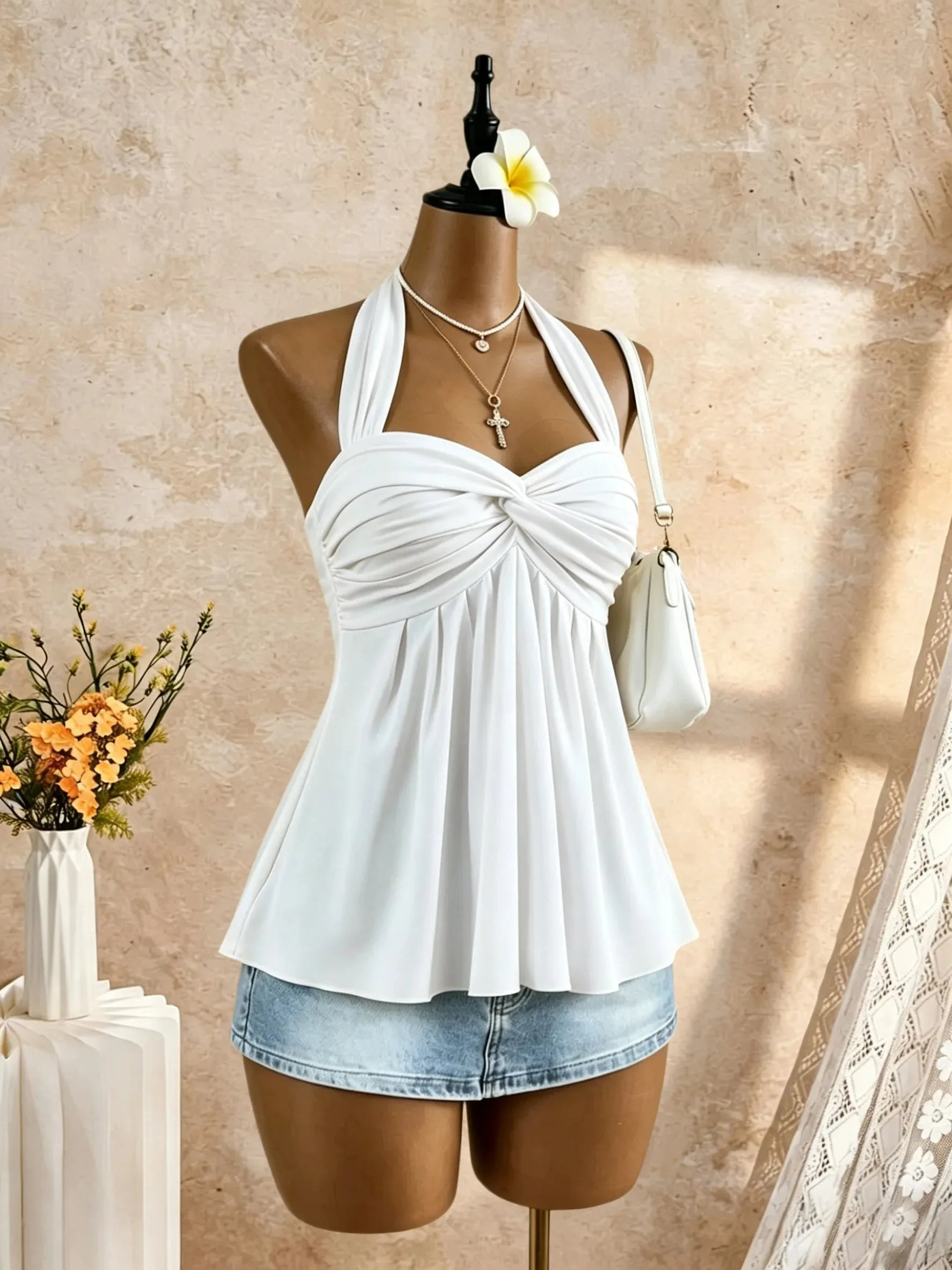 Women Halter Twist Front Sweetheart Neck Flared Peplum Camisole 2026 Summer Y2K Solid White Sleeveless Flowy Beach Vacation Tank — image 5