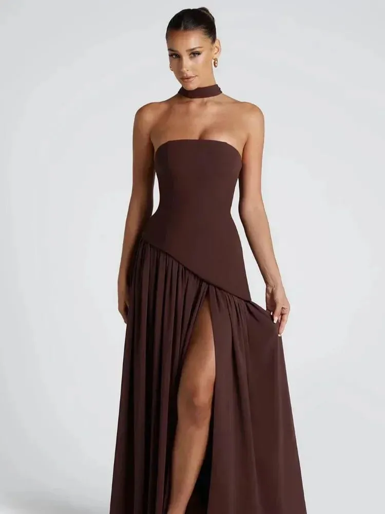 Solid Gesplitst Lint Maxi Jurk Vrouwen Elegante Strapless Mouwloze Slit Lange Jurken 2025 Nieuwe Zomer Vakantie Party Lady Vestidos — image 7