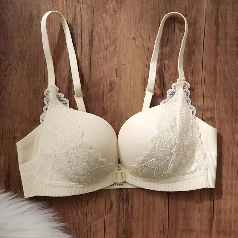 Sexy Lace Front Closure Push Up Bra Small Breast Gathering Anti-sagging U-shaped Backless Bra Lingerie For Women