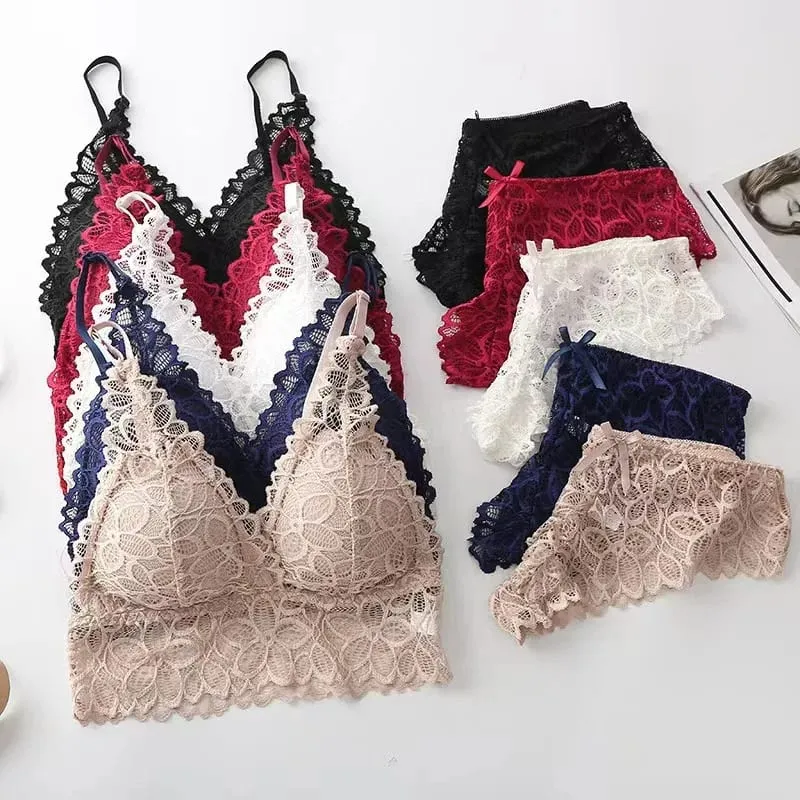 French Style Lace Lingerie Set Wireless Bra Panty Sexy Breathable Thin Cup Underwear Comfortable Gathered Intimate Wear — image 9