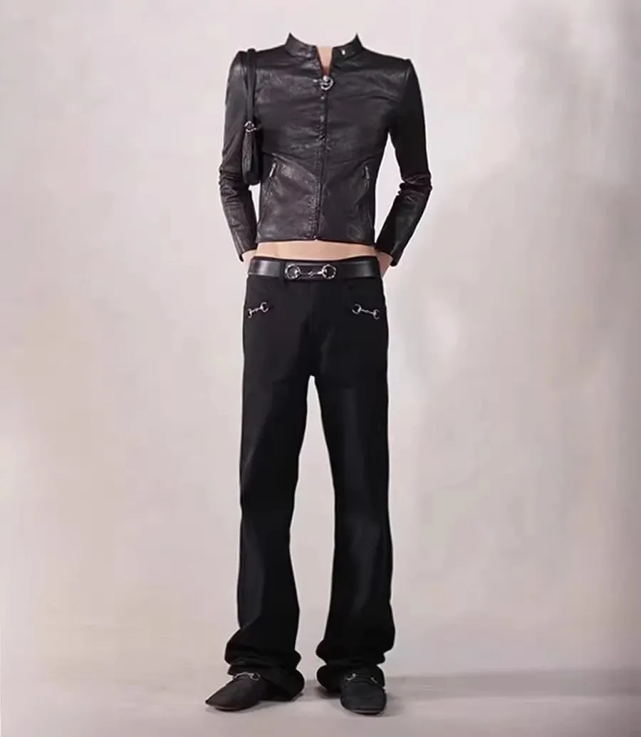 American Retro Buckle Design Spring Autumn Washed Black Micro-Flare Jeans Men High-Waisted Hip-Hop Loose Wide Leg Jeans Unisex — image 6
