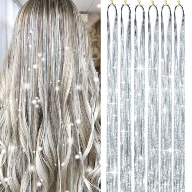 Synthetic 6PCS Sparkle Shiny Tinsel Hair Extensions Colored Long Straight Tinsel Kit 1200 strands Hairpiece for Girls Party Use — image 2