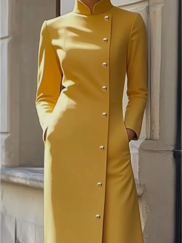 Freeacy feminino amarelo gola mandarim diagonal manga longa abotoado maxi vestido para convidados do casamento 2026 vestido de escritório de luxo — image 2