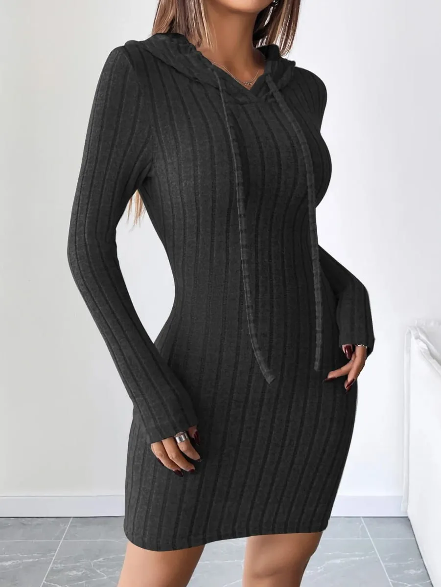 Trendy Ribbed Knitted Hooded Slim Fit Dress with Drawstring - Comfortable Casual Style for Women