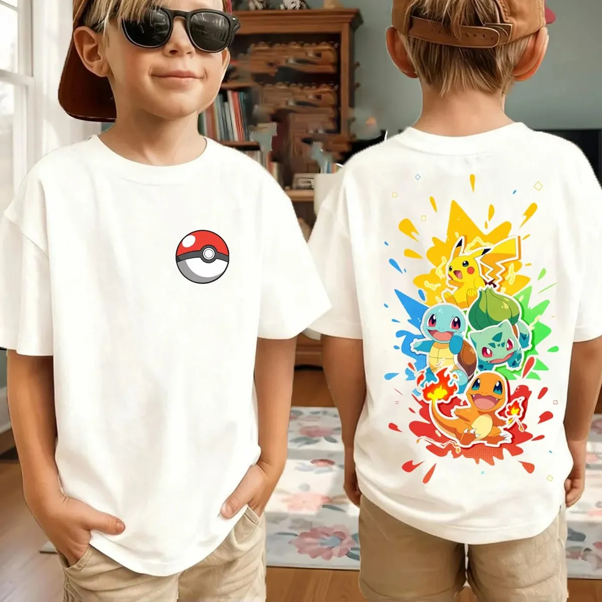 Summer Pokémon AnimeT-shirts Boys Pure Cotton Short-sleeved Top Casual Suitable for Both Boys and Girls Parent-child Outfits.
