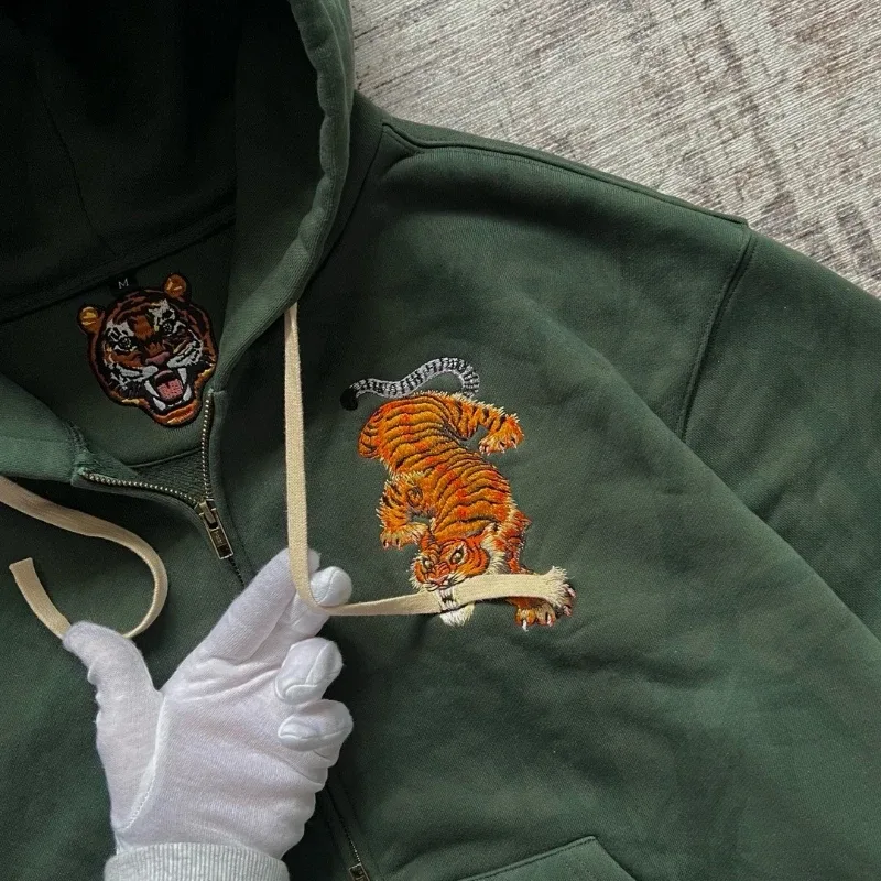Y2k tigre garra bordado vintage duplo zíper solto moletom com capuz para homens e mulheres harajuku na moda casual estilo de rua — image 3