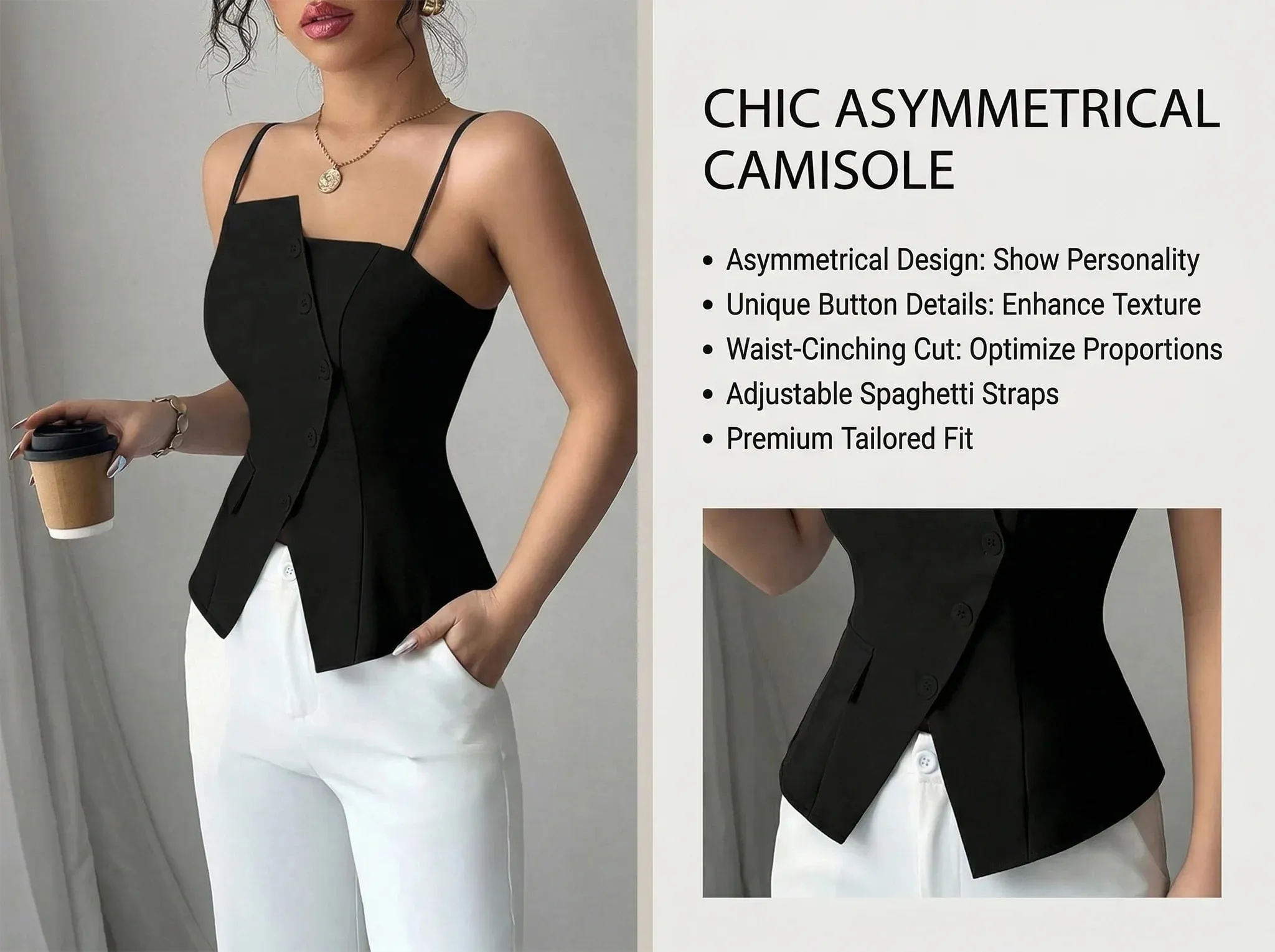 Womens Cami Top Thin Strap Asymmetric Button Cami Top Button Blazer Vest Fit Elegant Chic Apparel Tops Spring Summer Daily Shirt — image 9