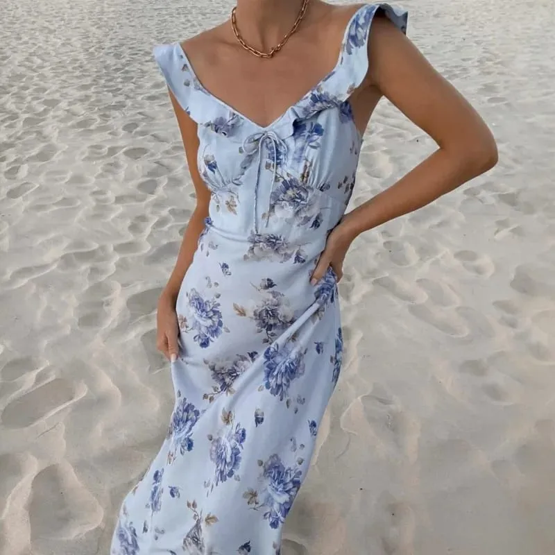 Summer Flower Printed Women's Sexy Low-cut Sleeveless Backless Slim Sling Ruffles Dresses 2026 Beach Vacation Lady Vestidos — image 11