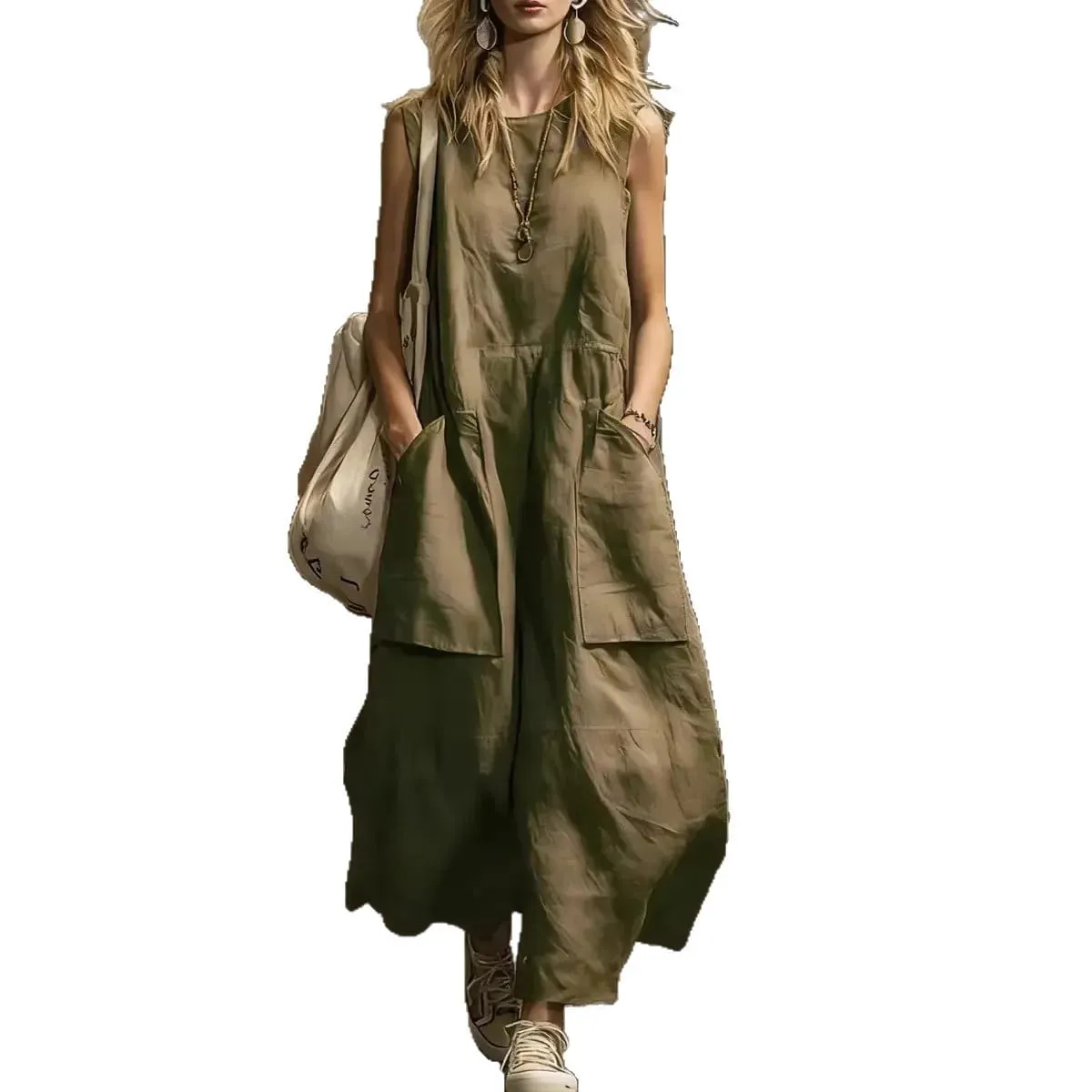 2026 Summer Loose And Simple Sleeveless Cotton And Linen Women's Dress New Fashion Casual Pocket Female Holiday Long Dresses — image 5