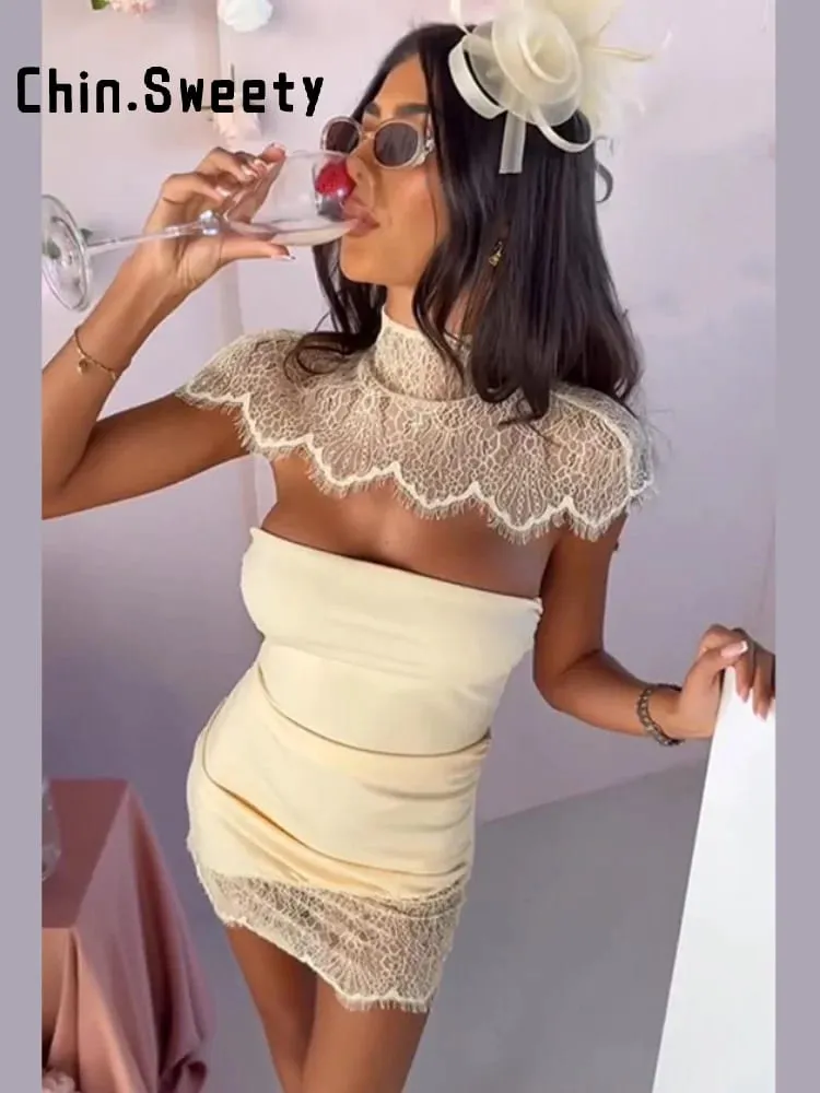 Sexy Women's Shawl Solid Color Short Lace Dress Slim Pleated Sleeveless Backless Party Dresses 2026 Summer Lady Evening Robes — image 2