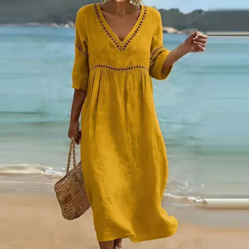 Summer V Neck Half Sleeve Loose Beach Holiday Dress Women Casual Hollow Out Design Solid Color A-line Midi Dress Boho — image 6