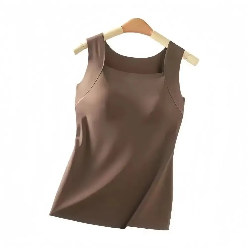 Built-in Bra Seamless Camisole Fixed Cup Solid Color Thermal Vest Stretchy U Neck Bottoming Underwear Multi-layer Wear — image 5