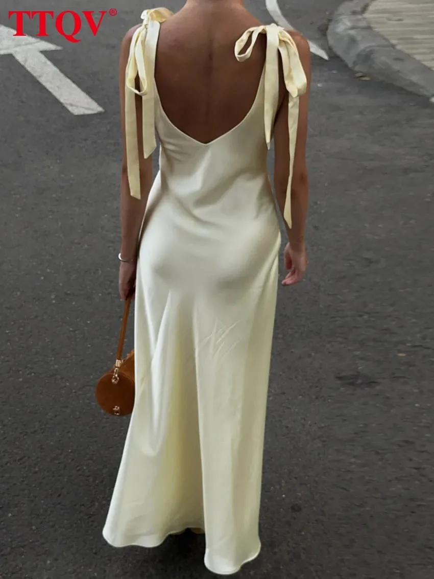 Sexy Loose Yellow Satin Women's Dress 2026 Summer V-Neck Sleeveless Maxi Dresses Elegant Classic Lace-Up Female Dress — image 5