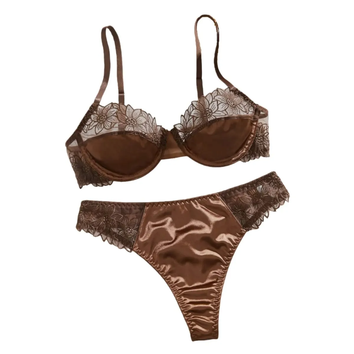 Hot-Selling 2-Piece Floral Embroidery Sexy Bra Set - Sunflower Embroidered Underwired Semi-Sheer Lingerie Set Ideal for Dates — image 1