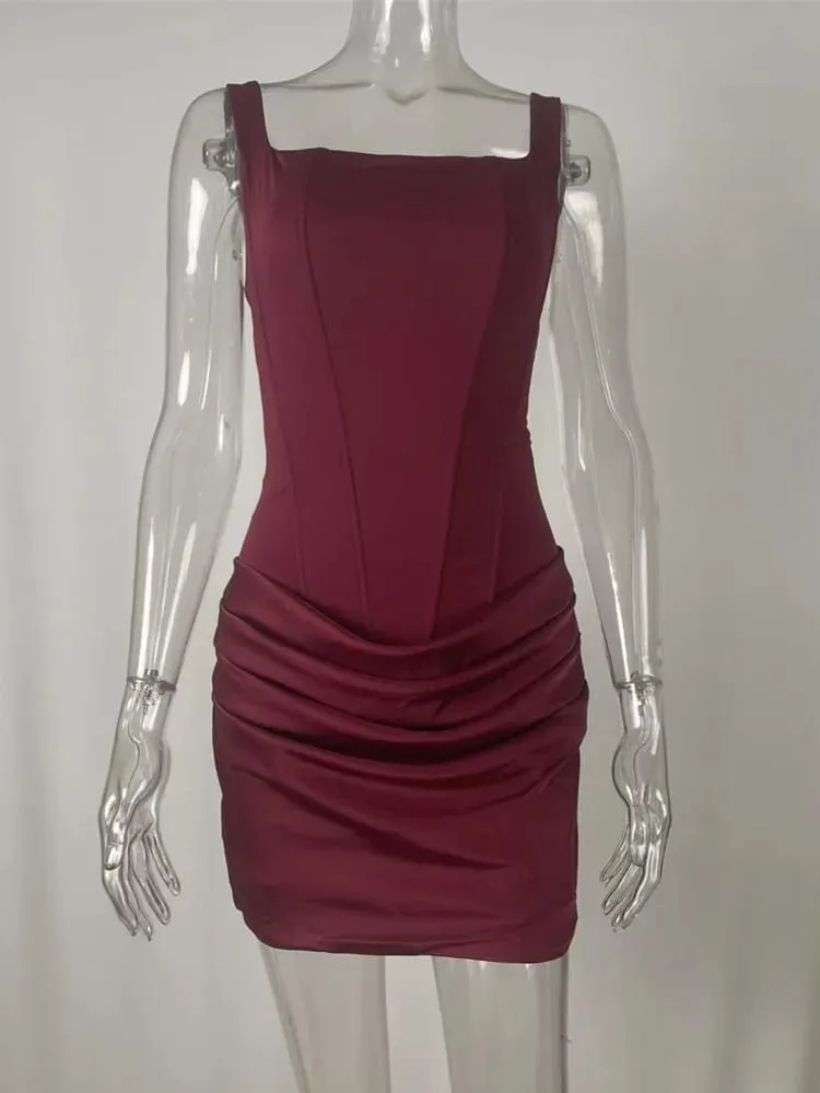 Mozision Backless Ruched Sexy Mini Dress Women Elegant Tapered Straps Square Collar Sleeveless High Waist Club Party Dress — image 6