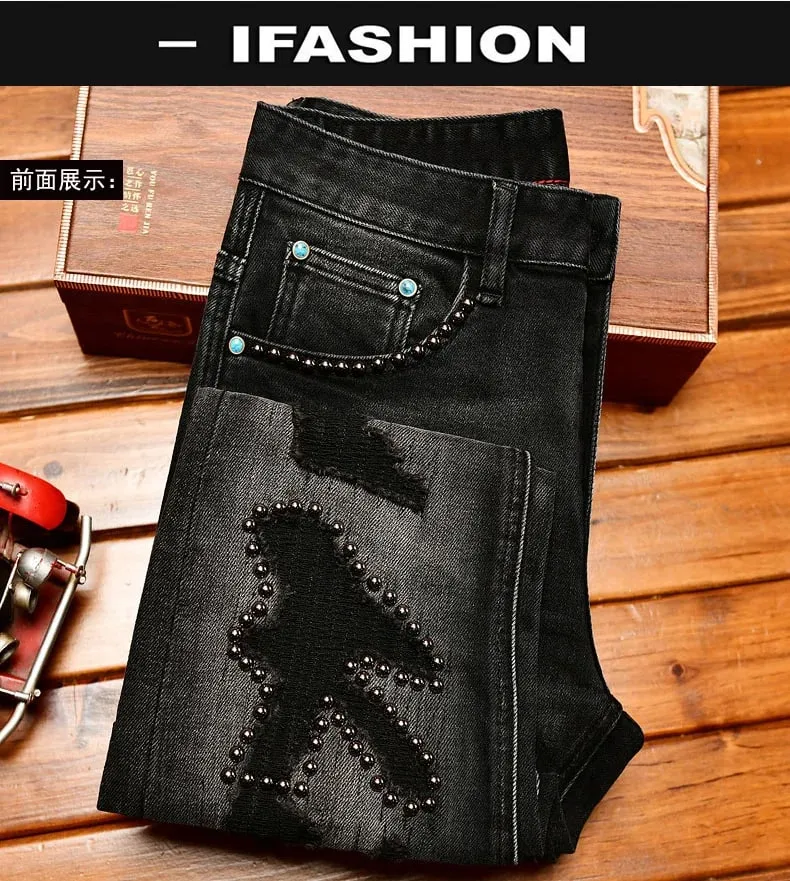 Metal Decor Design Black Jeans Men Trendy Ripped Fashion Retro Nostalgic Street Slim Fit Skinny Pants — image 8