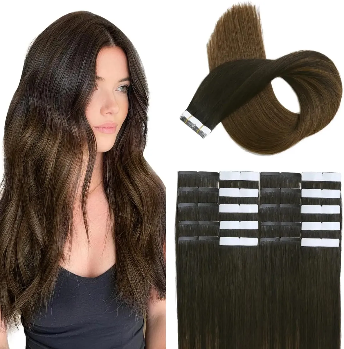 Dark Brown #2 Tape in Hair Extensions Human Hair 14-22inch Skin Weft Silky Straight